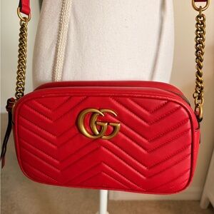 Gucci Marmont Red Quilted Leather Camera Bag with Gold Double G